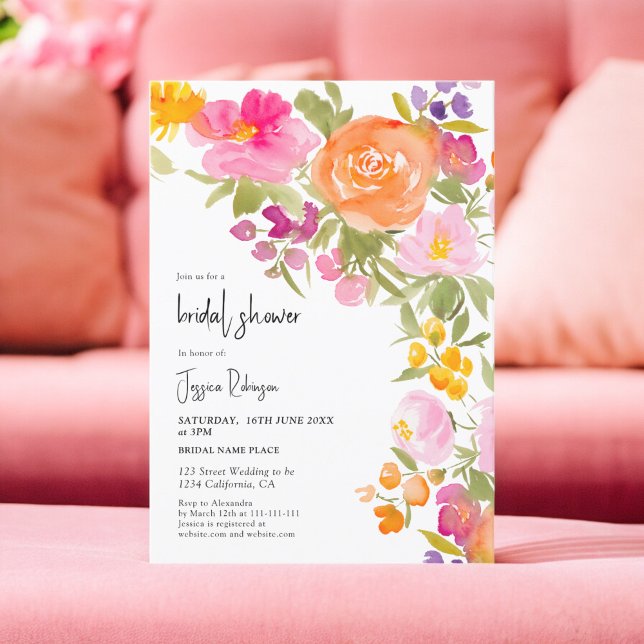 Convites Bonito chá de panela romântico rosa-de-verão (Pretty romantic pink summer floral bridal shower invitation)