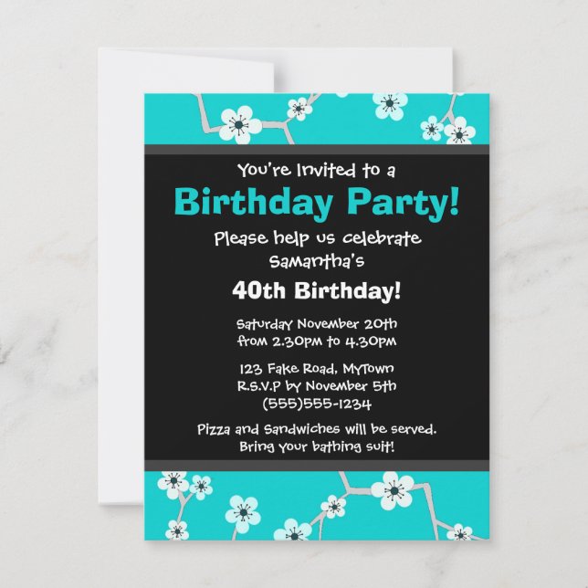 Convites Bonito Cherry Blossum Black and Blue Party (Frente)