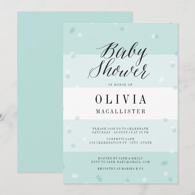 Convites Bonito Confetti Aqua Stripes Chá de fraldas (Frente/Verso)