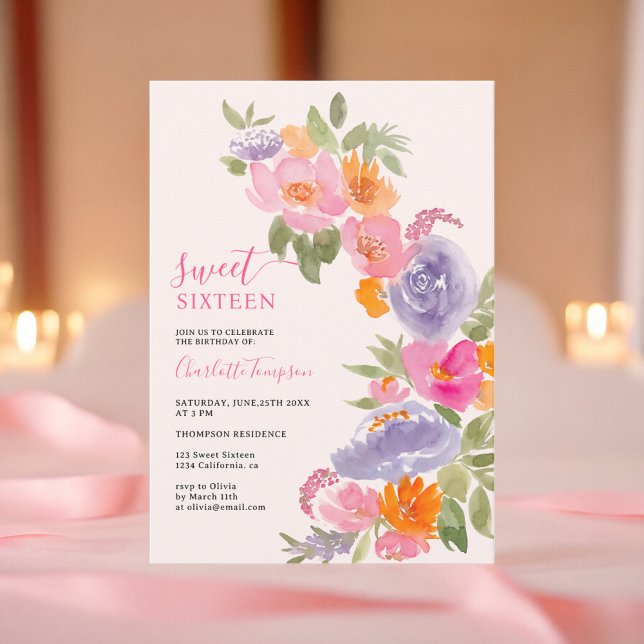 Convites Bonito cor-de-rosa-do-bico floral 16 (Pink Pretty boho floral watercolor sweet 16 Invitation)