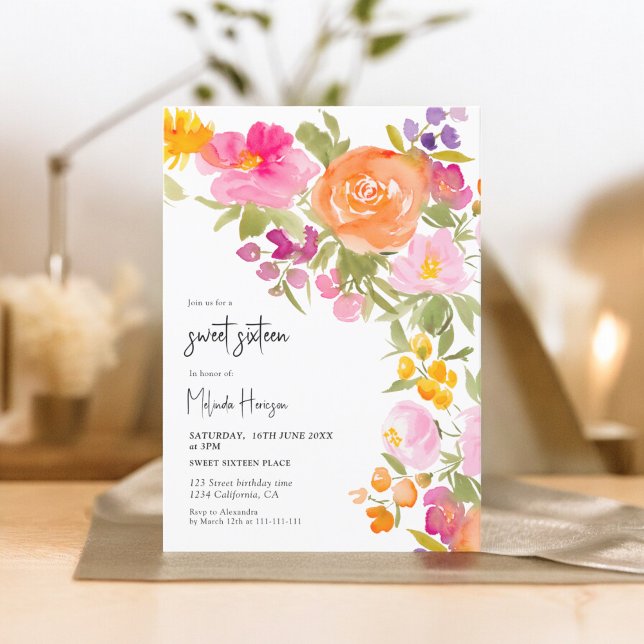 Convites Bonito cor-de-rosa doce floral romântico 16 (Pink Pretty romantic summer floral sweet 16 Invitation on white)