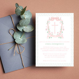 Convites Bonito Crest e Cross Rosa | Batismo Floral
