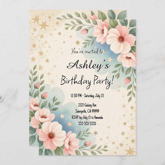 Convites Bonito Crianças - Flor Espacial - Festa de anivers (Frente/Verso)