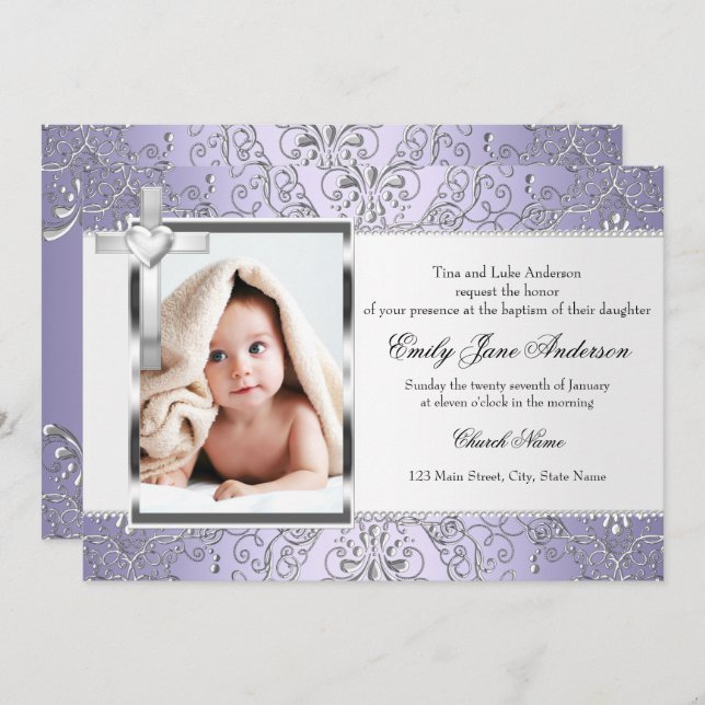 Convites Bonito Damask & Cross Purple Photo Baptism Convide (Frente/Verso)