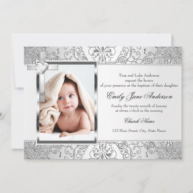 Convites Bonito Damask & Cross Silver Photo Baptism Convide (Frente)