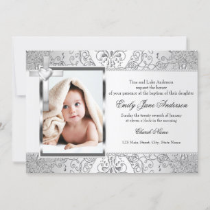 Convites Bonito Damask & Cross Silver Photo Baptism Convide