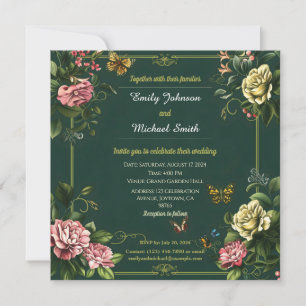 Convites Bonito design de casamento verde-floral e borbolet