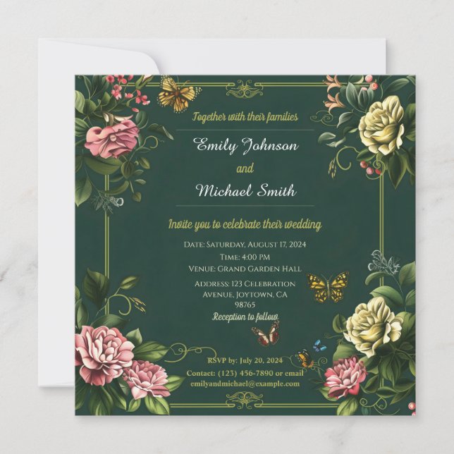 Convites Bonito design de casamento verde-floral e borbolet (Frente)
