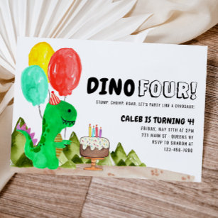 Convites Bonito Dino 4 Balões Dinossauro 4.º Aniversário