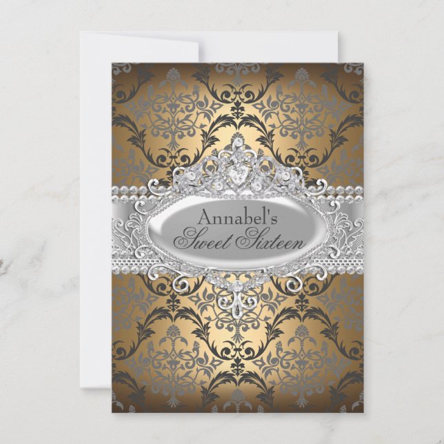 Convites Bonito Dourado & Silver Damask Sweet 16 Invite (Frente)