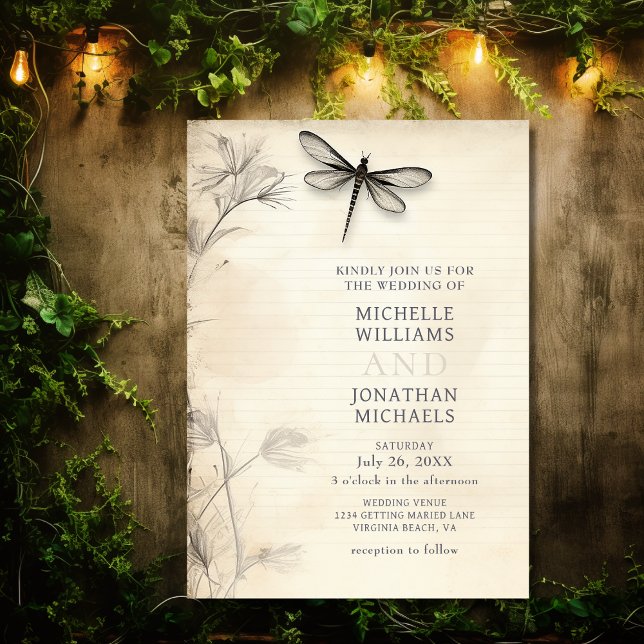 Convites Bonito Dragonfly Sketch Diário Vintage Casamento (Front - Pretty Dragonfly Sketch Vintage Journal Wedding Invitation
)