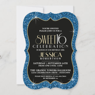 Convites Bonito Faux Blue Glitter Doce 16 Festas