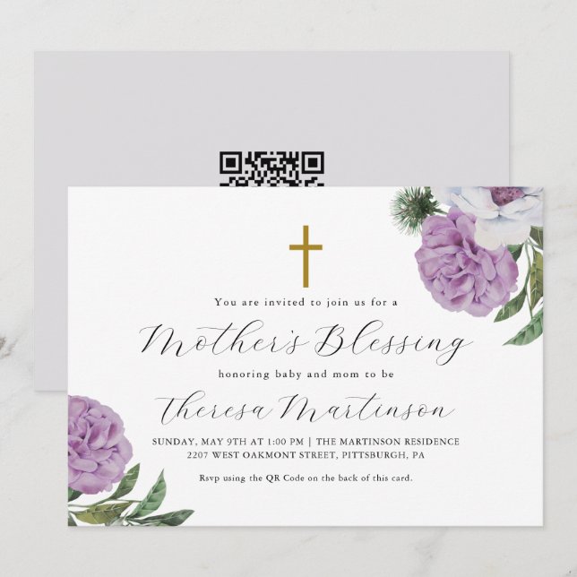 Convites Bonito Floral Cross Madre Bênção Código QR Rsvp (Frente/Verso)