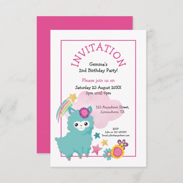 Convites Bonito Fluffy Llama Young Child Festa de aniversár (Frente/Verso)