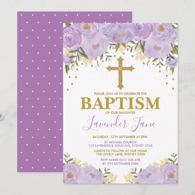 Convites Bonito Garota Floral Púrpura Batismo (Frente/Verso)