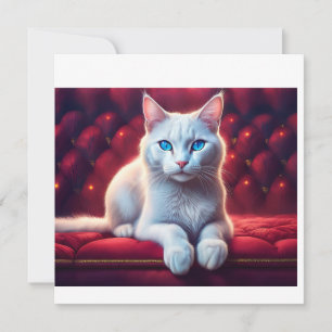 Convites Bonito Gato Albino De Olhos Azuis No Sofá Vermelho