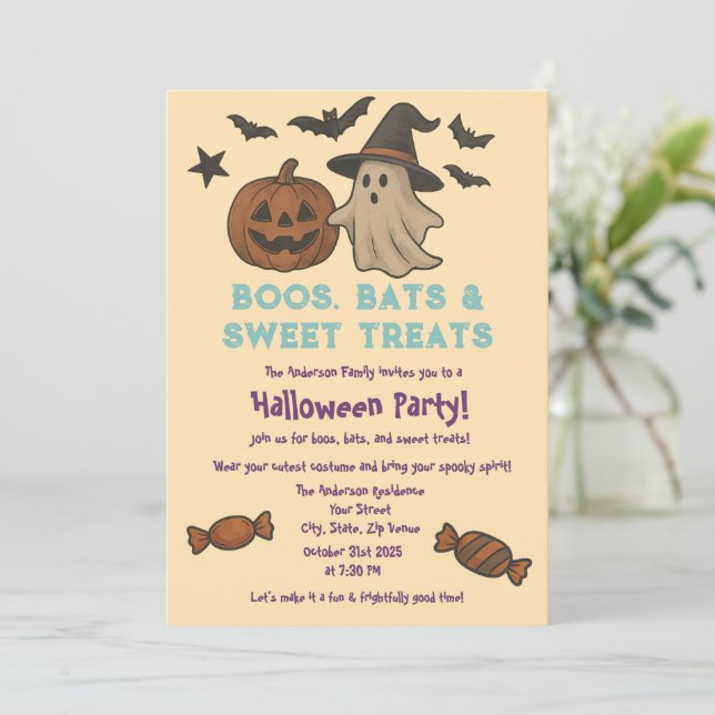 Convites Bonito Halloween - Pastel Pumpkin & Candy Party (Em pé/Frente)