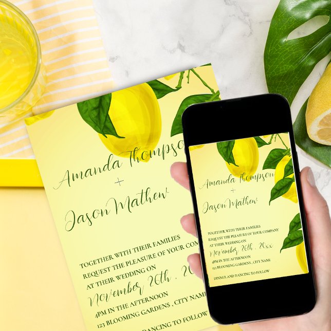 Convites Bonito Lemon Bright Yellow Citrus Weding Invitati (Pretty Lemon Bright Yellow Citrus Wedding  Invitation)