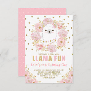Convites Bonito Llama / Aniversário Floral Dourado Rosa