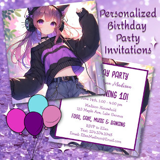 Convites Bonito Menina de Animação na Festa de aniversário 
