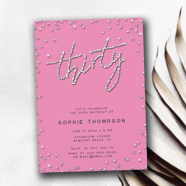 Convites Bonito na aniversário de 30 anos Elegante Rosa Rhi (pretty in pink rhinestones 30th birthday for women invitation elegant modern simple glitter feminine)