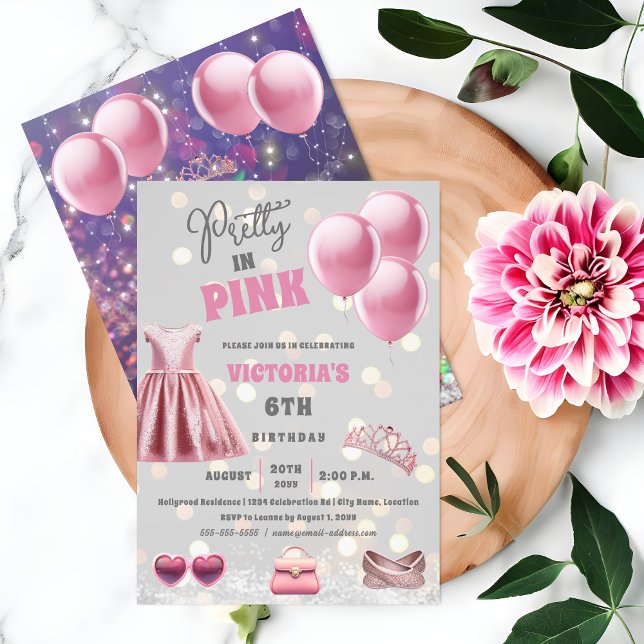 Convites Bonito na Festa de aniversário rosa (All about your daughter being Pretty In Pink for her birthday party invitation front and back view.)