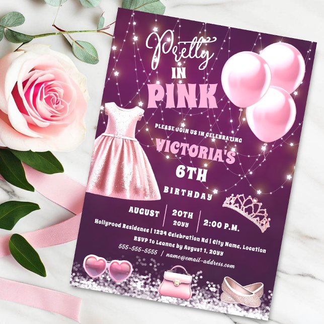 Convites Bonito na Festa de aniversário rosa (Pretty in pink young girl's birthday party invitation with girly pink fashion and accessories.)