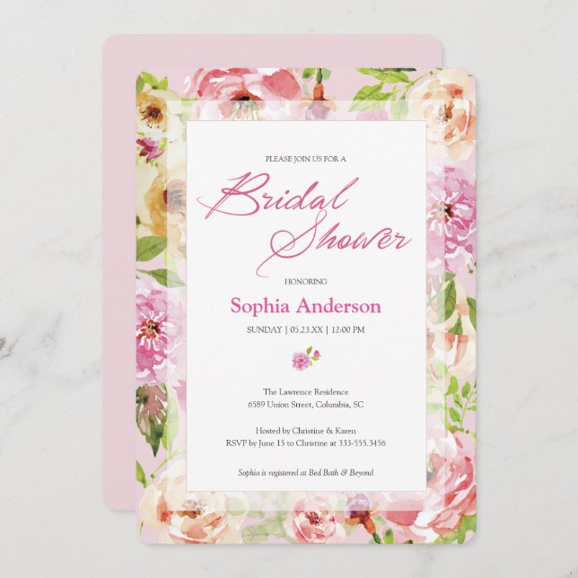 Convites Bonito no Chá de panela de Aquarela Rosa (Frente/Verso)