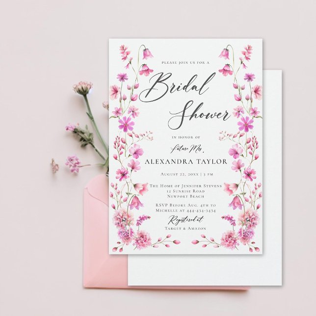 Convites Bonito no Chá de panela de Quadro de Flor Selvagem (pretty in pink wildflowers boho frame bridal shower invitation elegant rustic romantic feminine)