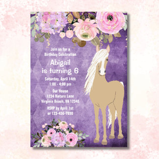 Convites Bonito Palomino Cavalo Rosa Púrpura Floral Púrpura