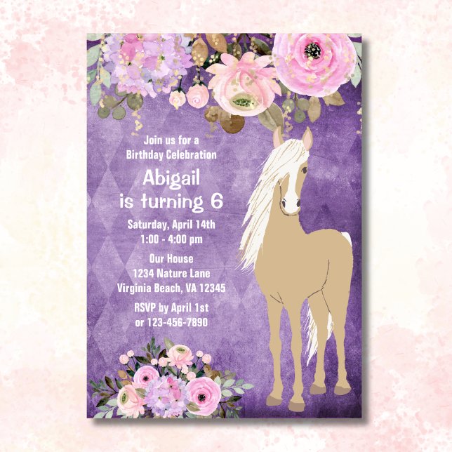 Convites Bonito Palomino Cavalo Rosa Púrpura Floral Púrpura (Front - Pretty Palomino Horse Pink Purple Floral Birthday Invitation)