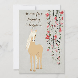 Convites Bonito Palomino Pony e Flores Aniversário do Caval