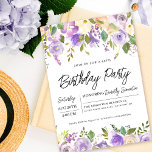 Convites Bonito Partido Floral aniversário de 40 anos<br><div class="desc">Honra uma mulher especial com este convite de festas elegante e feminina. Os detalhes da comemoração de aniversário estão cercados por cima e por baixo, bordas florais roxas. Os elementos florais estão aninhados em folhas verdes profundas. Enquanto é um design tradicional, a folhagem botânica aberta e arejada e o texto...</div>