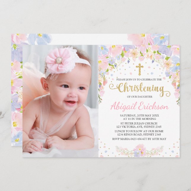 Convites Bonito Pastel Watercolor Floral Girl Christening (Frente/Verso)