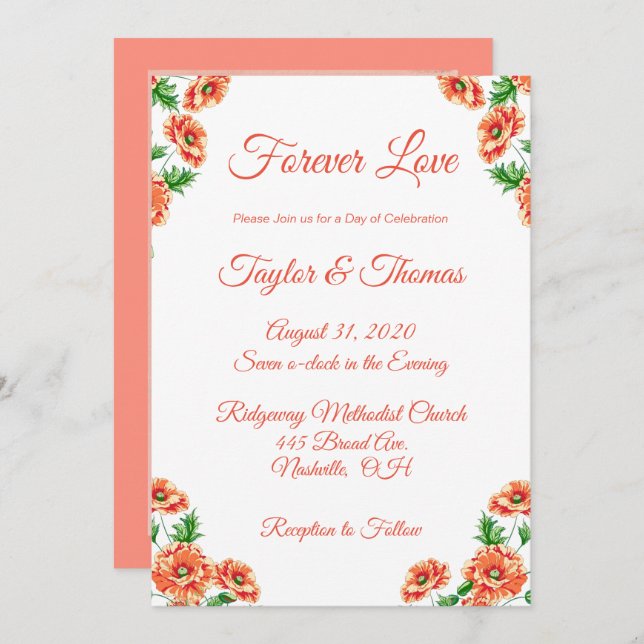 Convites Bonito Peach Floral | Orange Script Wedding (Frente/Verso)