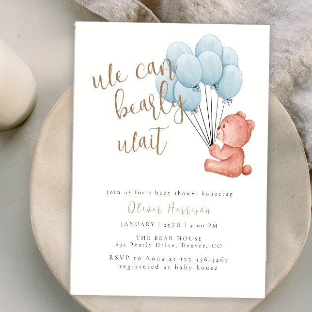 Convites Bonito podemos esperar Chá de fraldas azul de balã (Cute We Can Bearly Wait Blue Balloon Baby Shower Invitation)