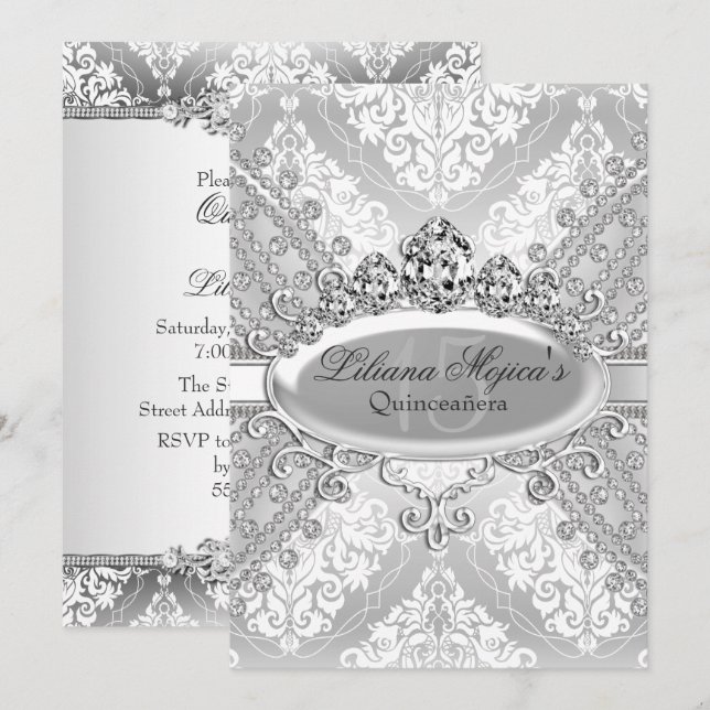 Convites Bonito Prata Damask Tiara Quinceanera (Frente/Verso)