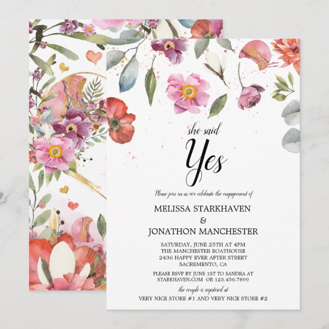 Convites Bonito Primavera Floral Ela Disse Sim Festa de noi (Frente/Verso)