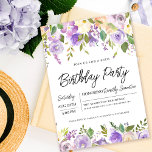 Convites Bonito Purple Floral 60ª Festa de aniversário<br><div class="desc">Honra uma mulher especial com esta elegante e feminina 60ª Convite de aniversário. Os detalhes da comemoração de aniversário estão cercados por cima e por baixo, bordas florais roxas. Os elementos florais estão aninhados em folhas verdes profundas. Enquanto é um design tradicional, a folhagem botânica aberta e arejada e o...</div>