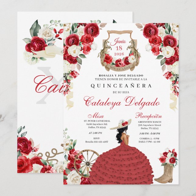 Convites Bonito Red Floral Western Charro Quinceañera (Frente/Verso)