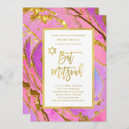 Convites Bonito rosa e Dourado Geode | Bat Mitzvah