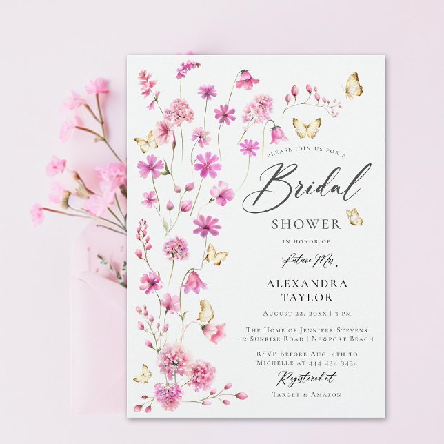 Convites Bonito Rosa Flores Selvagens Borboletas Chá de pan (pretty pink wildflowers gold butterflies elegant boho bridal shower invitation garden rustic girly)