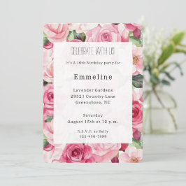 Convites Bonito Rosas Rosa, Aniversário Floral