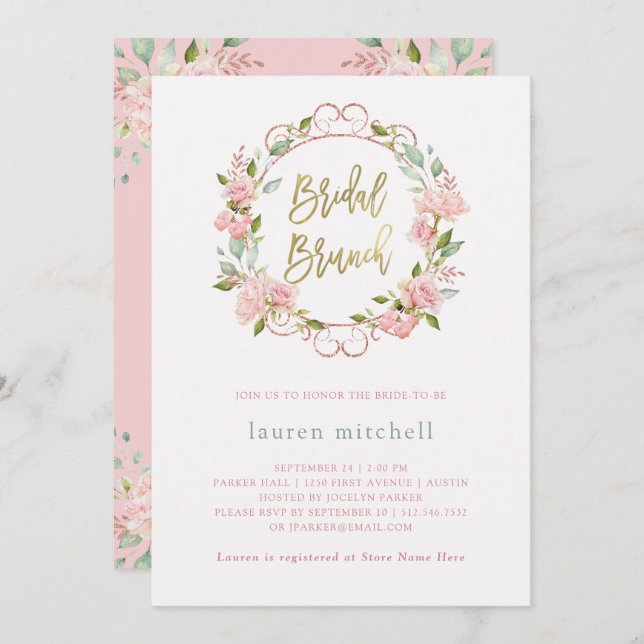 Convites Bonito Rosas Rosa e Script Dourado | Bridal Brunch (Frente/Verso)
