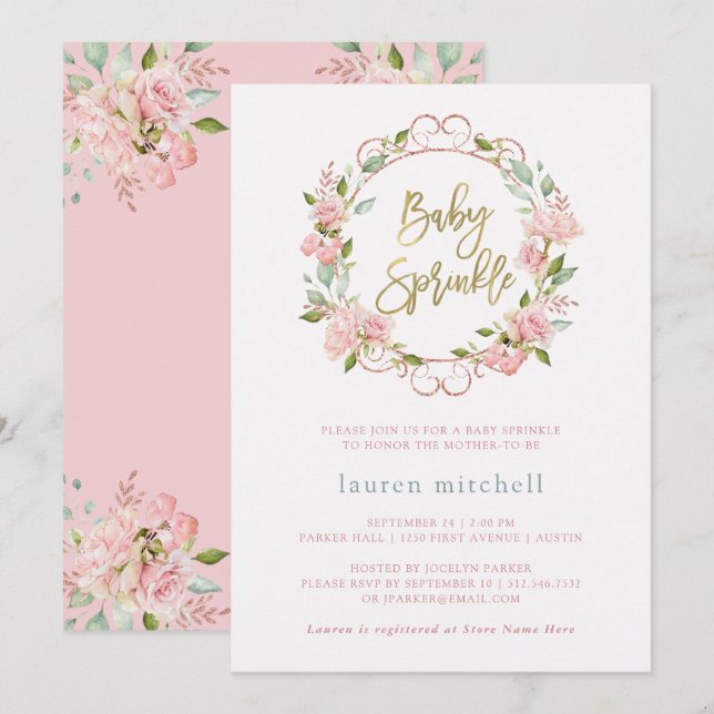 Convites Bonito Rosas Rosa e Script Dourado| Praspergaminho (Frente/Verso)