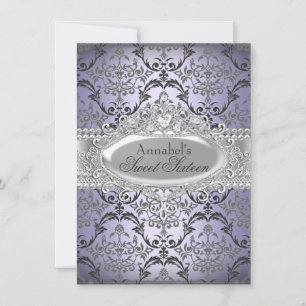 Convites Bonito Roxo e Silver Damask Sweet 16