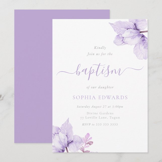 Convites Bonito Roxo Floral Girls Baptism (Frente/Verso)