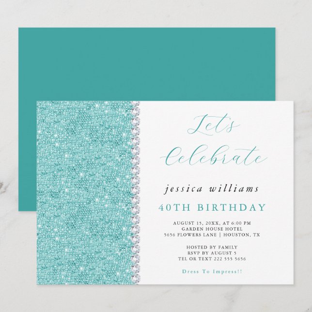Convites Bonito Sparkle Sequins & Diamantes Teal Birthday (Frente/Verso)