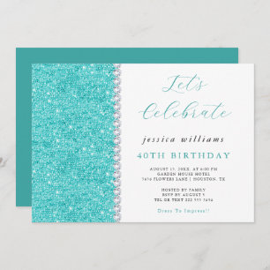 Convites Bonito Sparkle Sequins & Diamantes Teal Birthday