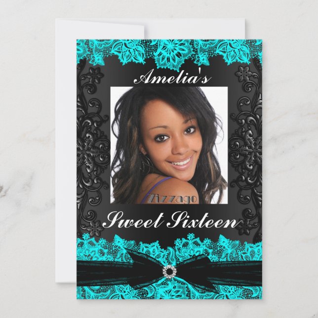Convites Bonito Teal & Black Lace Foto Sweet 16 Invite (Frente)